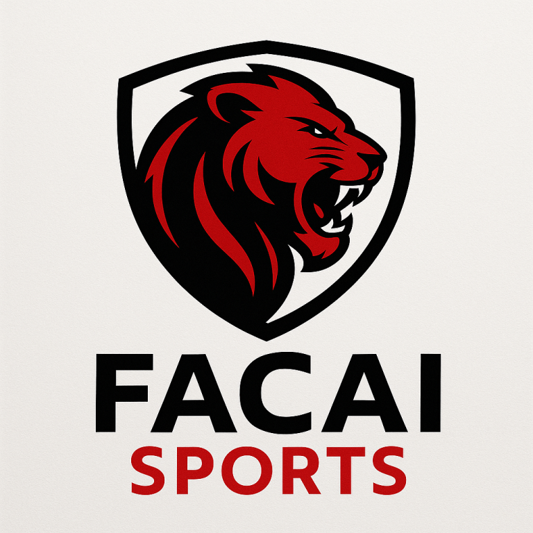Desain logo FacaiSports tema bola, simbol kekuatan dan ketangguhan atlet olahraga Indonesia, dengan kepala singa dalam bentuk perisai.